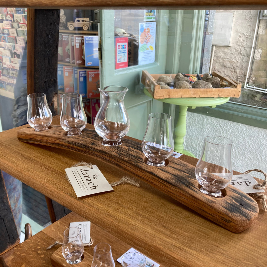 Four Whisky Barrel Glasses and Jug Holder