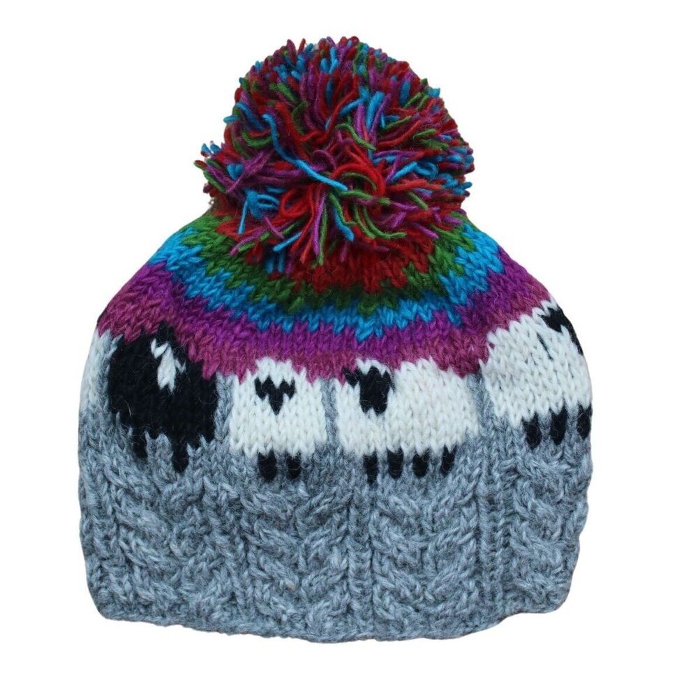 Sheep Cable Rainbow Bobble Hat (100% Hand Knitted Wool)