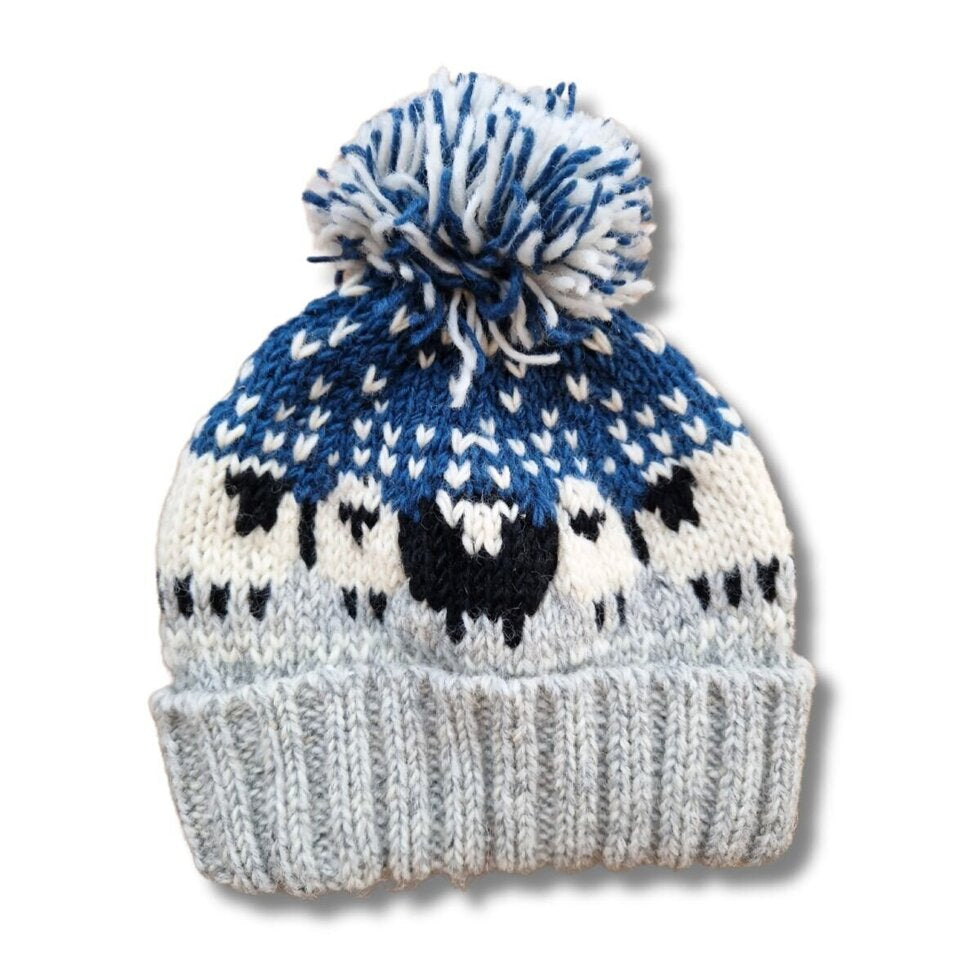 Mist Sheep Bobble Hat (100% Hand Knitted Wool)