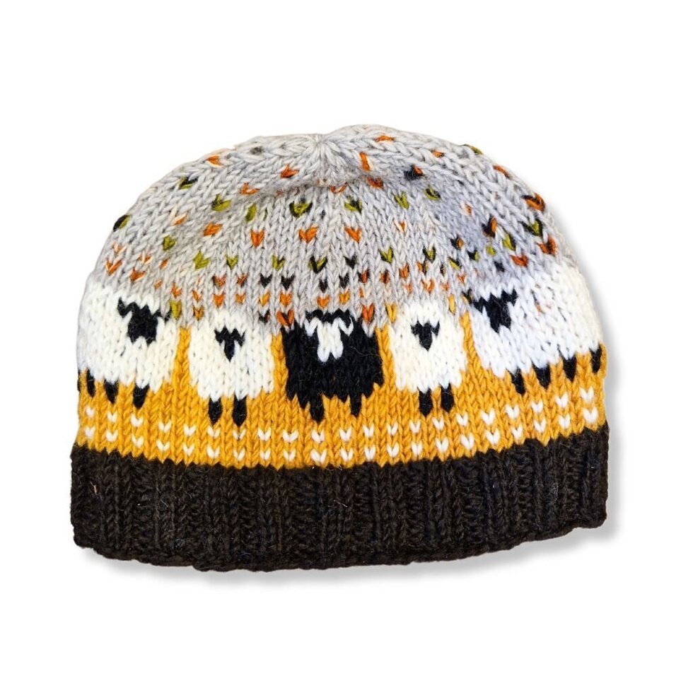 Ochre Multi Sheep Beanie Hat (100% Hand Knitted Wool)