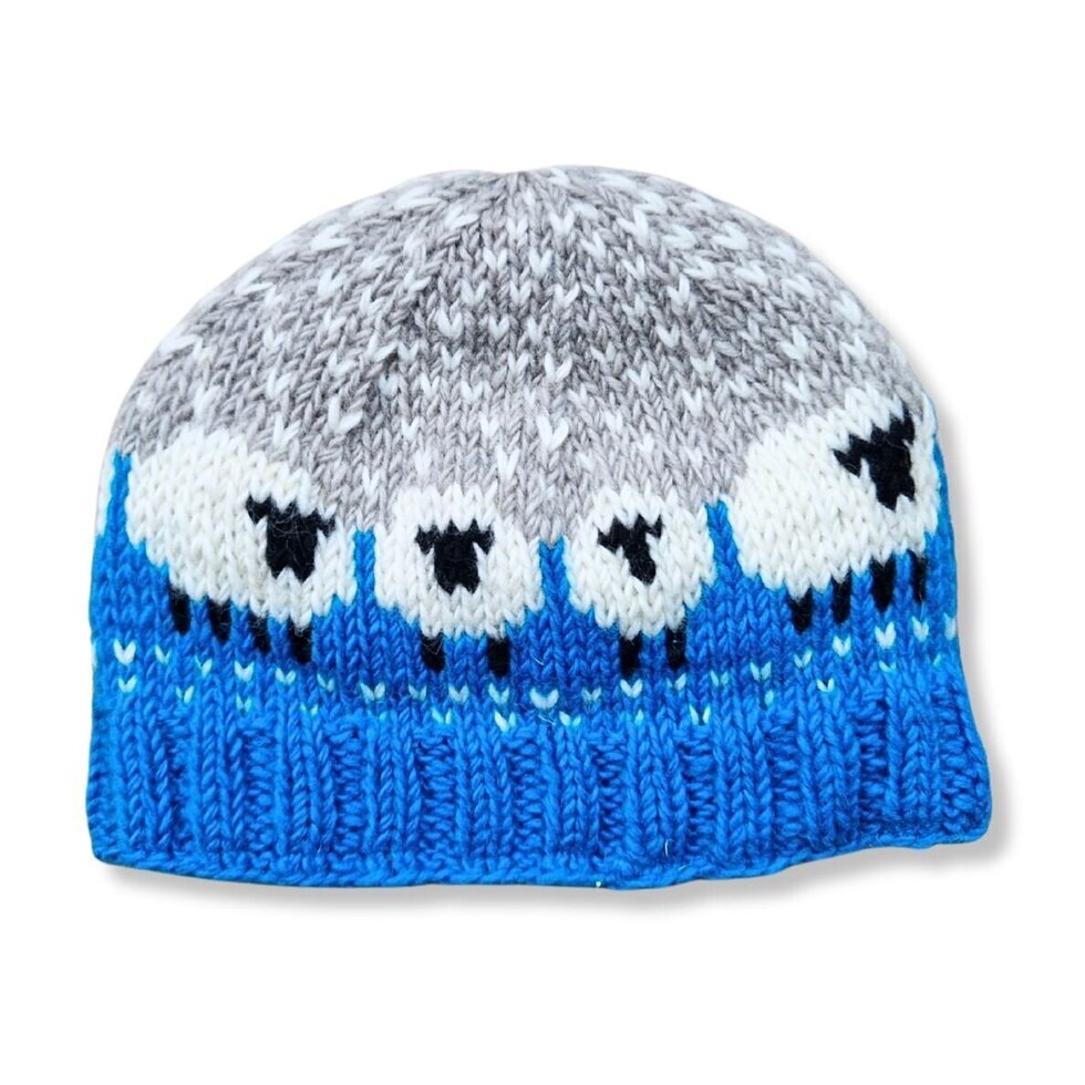 Sky Blue Sheep Beanie Hat (100% Hand Knitted Wool)